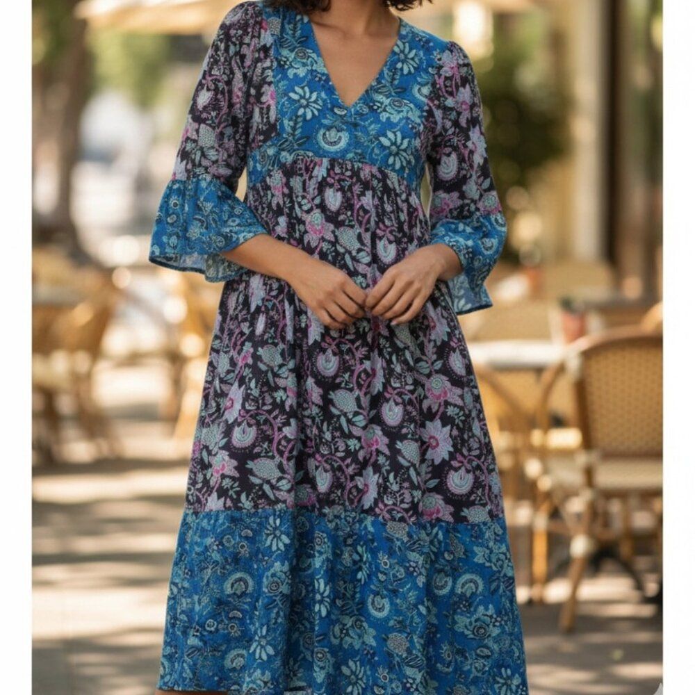 MILLE Resort & Travel Blue Floral Print Long Midi Dress Size S